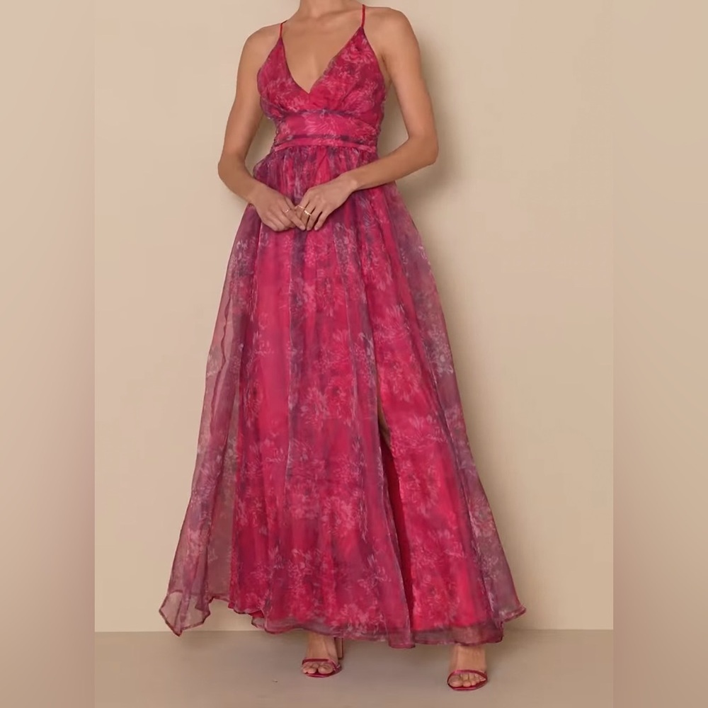 Lulus Romance That Wows Magenta Floral Print Organza Maxi Dress. - Picture 4 of 14